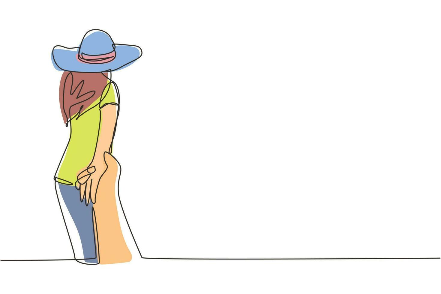 una chica de dibujo de línea continua lleva la mano del chico. toma mi mano. mujer con sombrero de verano caminando en vacaciones románticas de luna de miel sosteniendo la mano de su marido siguiéndola. vector de diseño de dibujo de una sola línea