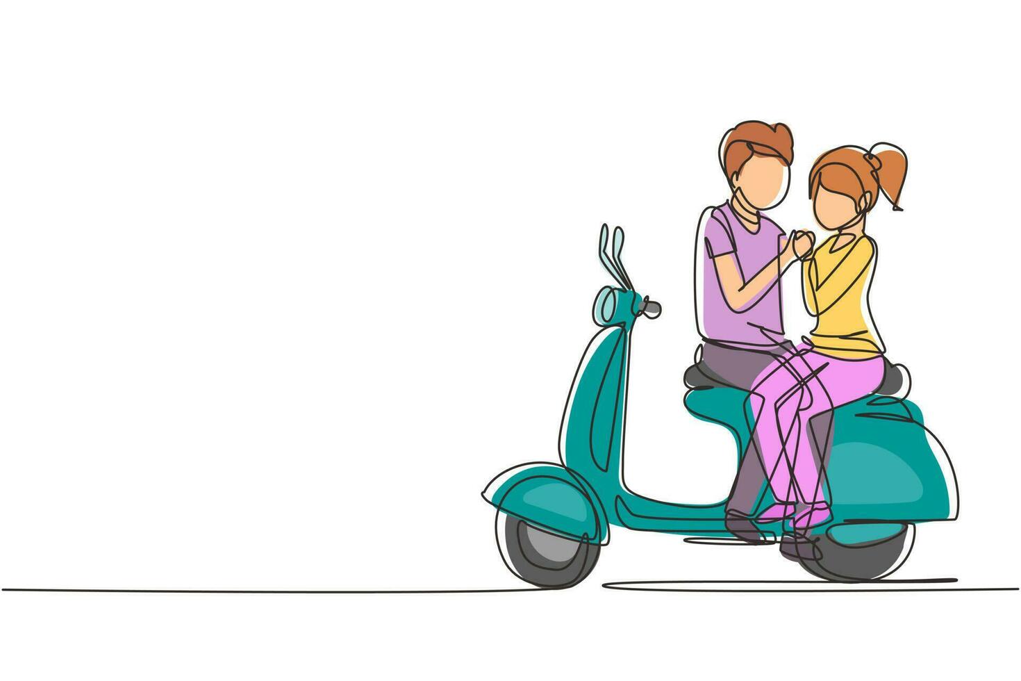 Single one line drawing riders couple trip travel relax. Romantic honeymoon moments sitting and talking on motorcycle. Man with woman riding scooter. Modern continuous line draw design graphic vector