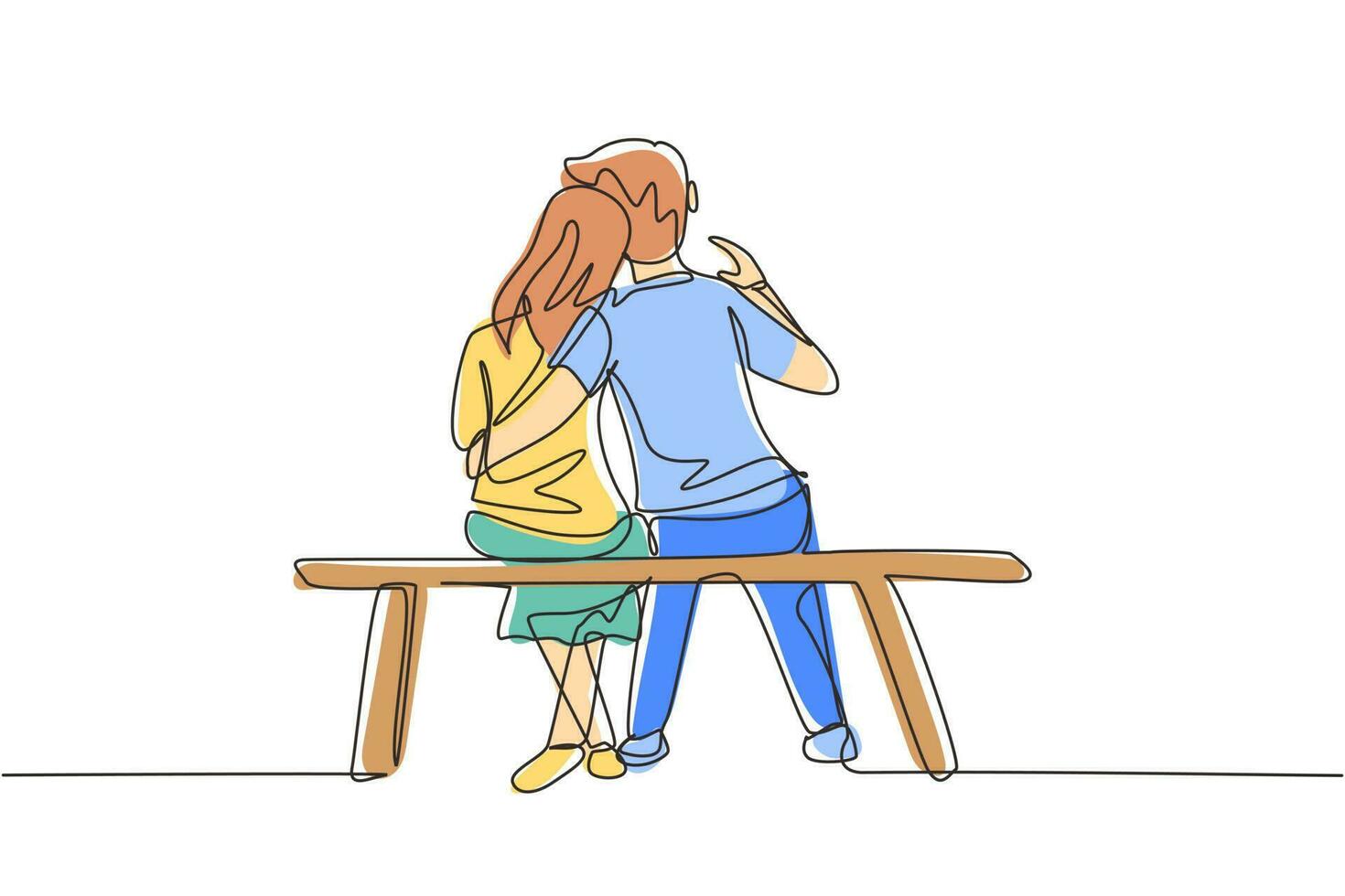 Single one line drawing embracing couple sitting on bench. Happy family concept. Couple in relationship in love. Happy man hugging his partner woman.. Modern continuous line draw design graphic vector