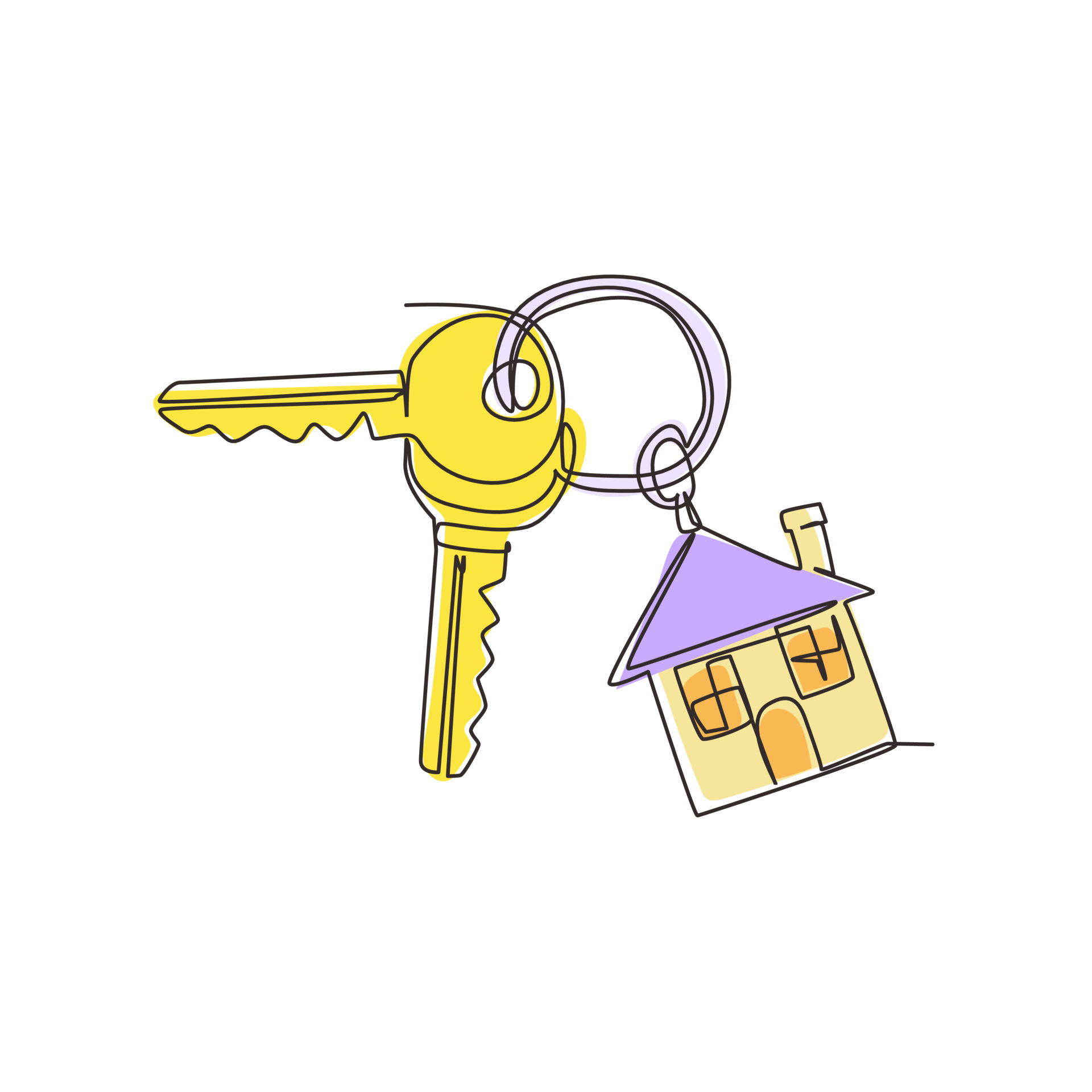 Single continuous line drawing keychain with key ring, two keys and a pendant house locket. Key