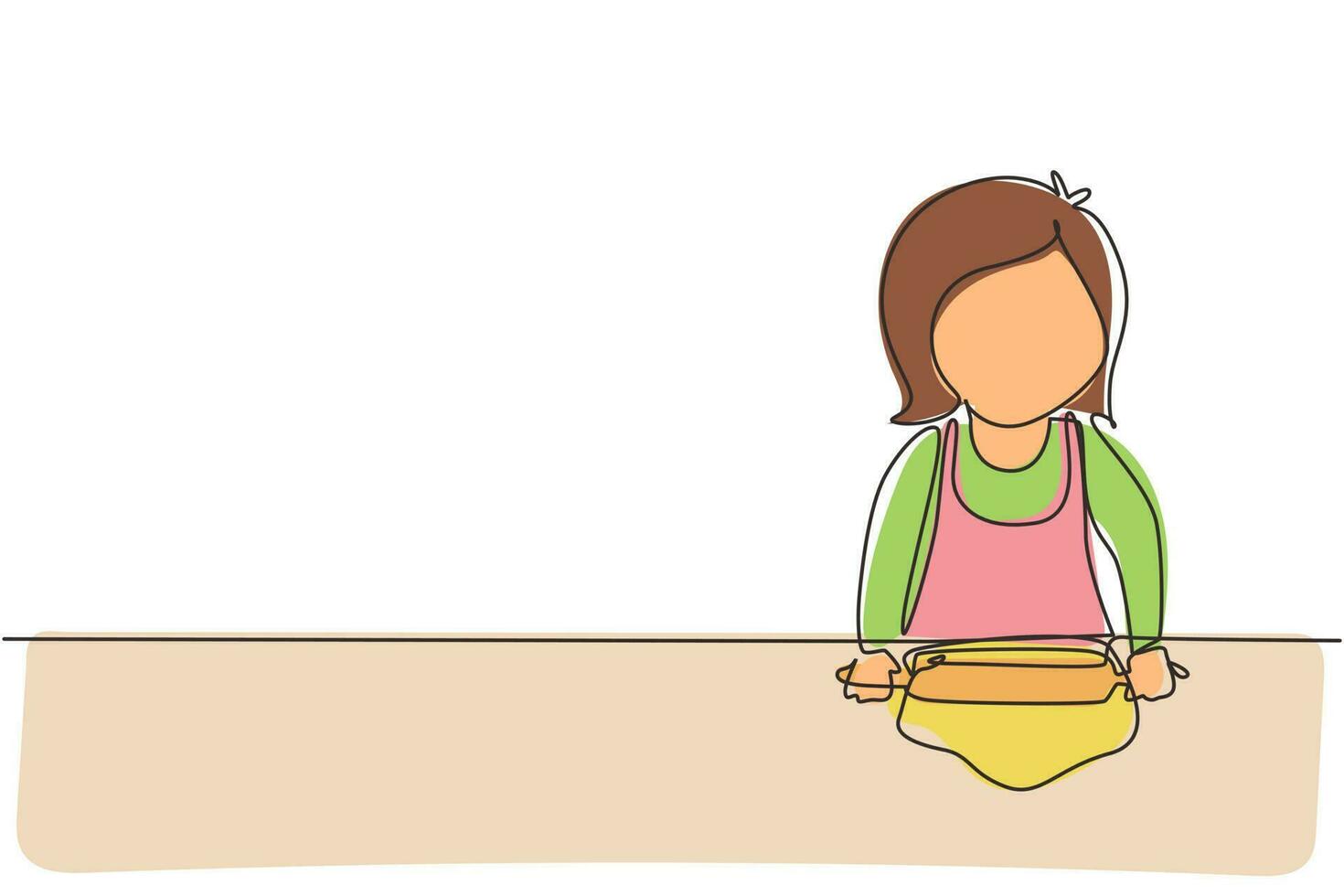Single one line drawing little girl stretching dough with rolling pin. Kids making homemade bakery at kitchen. Children doing housework chores at home. Continuous line draw design graphic vector