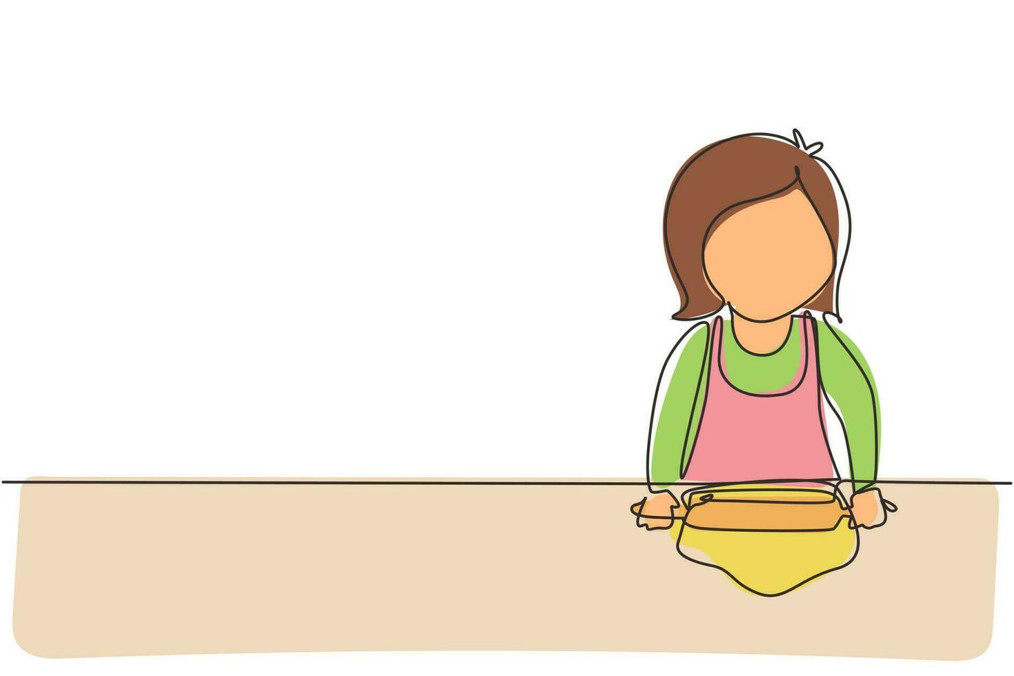 una sola línea dibujando a una niña estirando la masa con un rodillo. niños haciendo panadería casera en la cocina. niños haciendo tareas domésticas en casa. vector gráfico de diseño de dibujo de línea continua