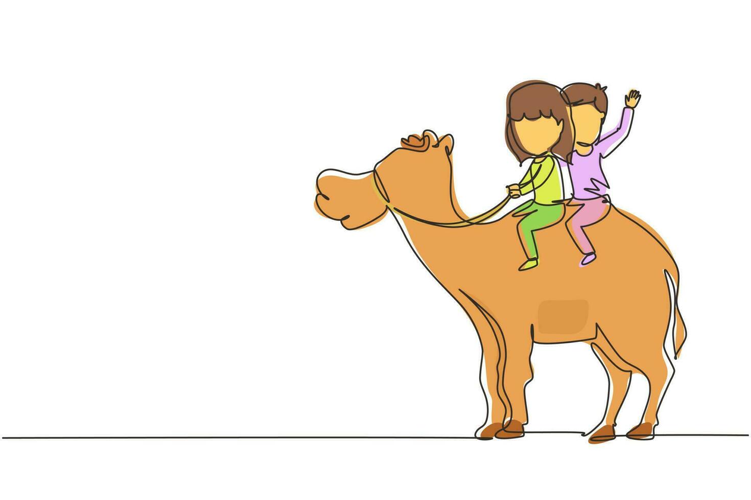 Single one line drawing happy little boy and girl riding camel together. Children sitting on hump camel with saddle in desert. Kids learning to ride camel. Continuous line draw design graphic vector