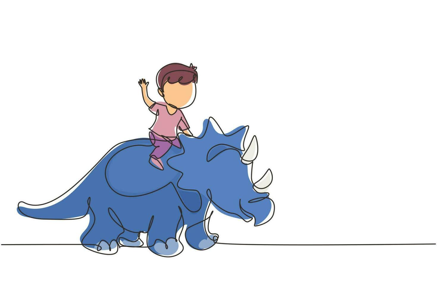 Single one line drawing little boy caveman riding triceratops. Young kid sitting on back of dinosaur. Stone age children. Ancient human life. Continuous line draw design graphic vector illustration
