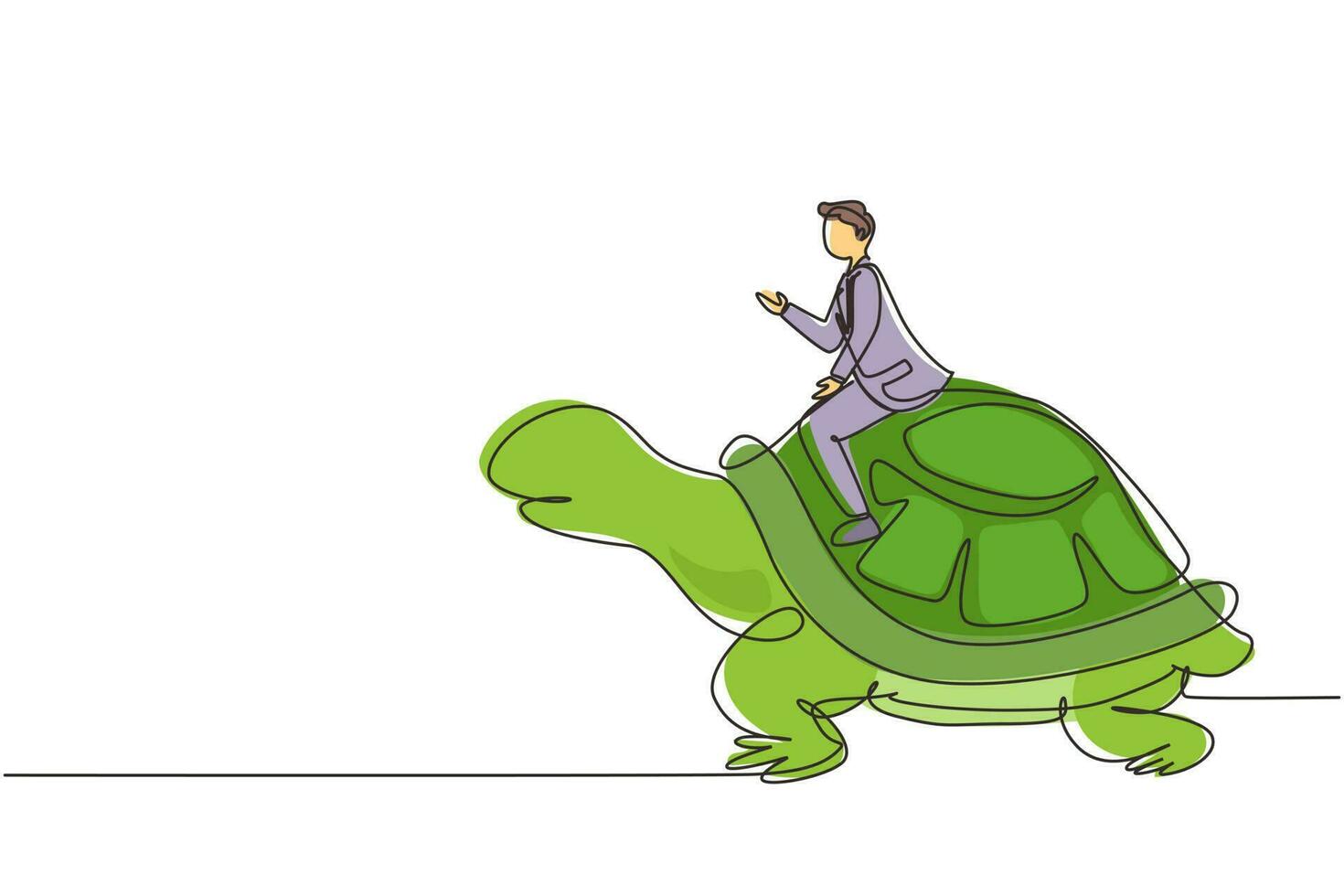 empresario de dibujo continuo de una línea montando una tortuga enorme. movimiento lento hacia el éxito, gerente conduciendo tortuga gigante. concepto de competencia empresarial. ilustración gráfica de vector de diseño de dibujo de una sola línea