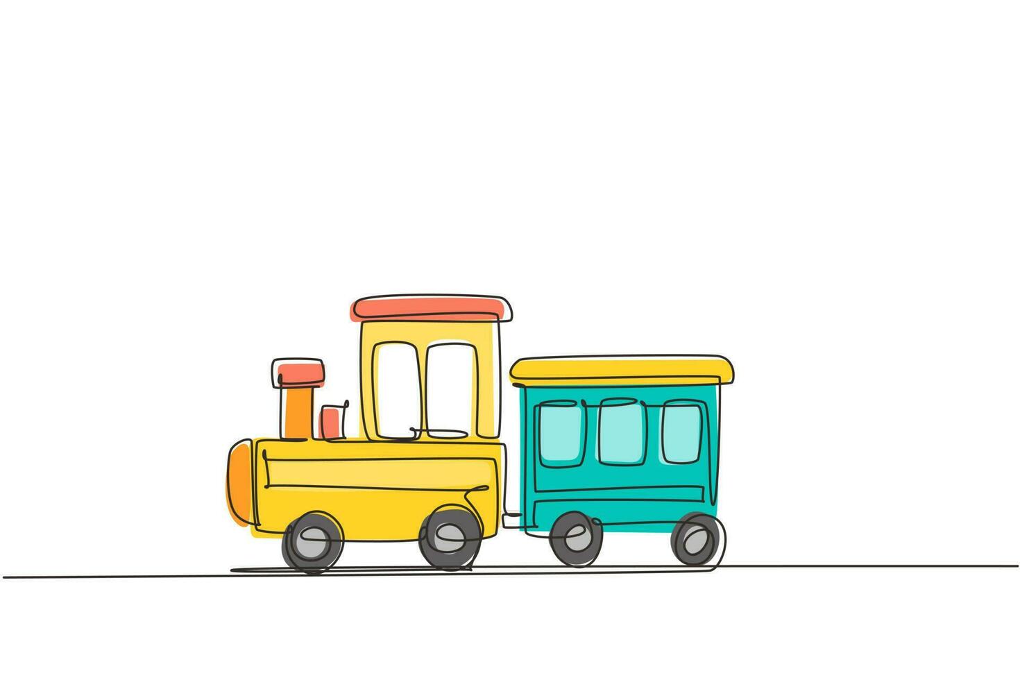 Continuous one line drawing toy train. Cute toy train and locomotive with railway carriage. Baby train toy. Passenger and cargo. Icon of children's toy. Single line design vector graphic illustration