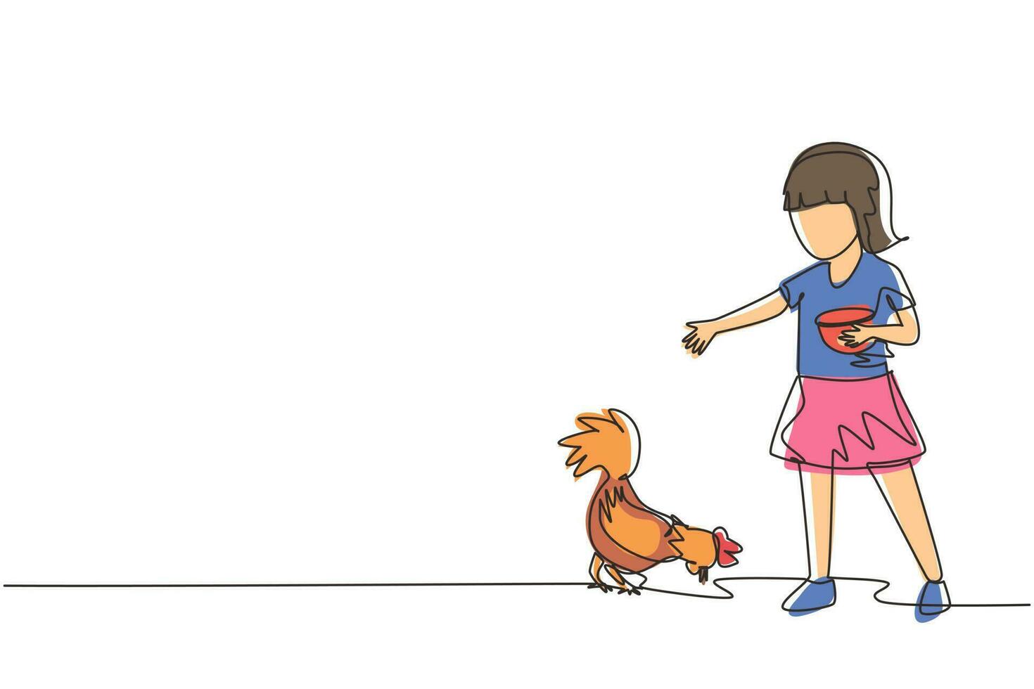 Single continuous line drawing happy little girl feeding chicken. Kid farmer feeding rooster, hen and little chickens. Children farmer life. Dynamic one line draw graphic design vector illustration