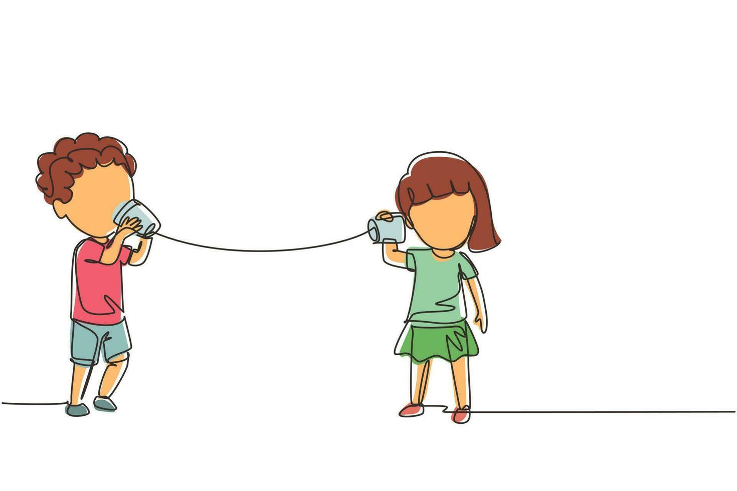 Continuous one line drawing boy and girl play toy phone. Two friends playing in phone with self made speech transmitting device, kids have fun speaking. Single line design vector graphic illustration