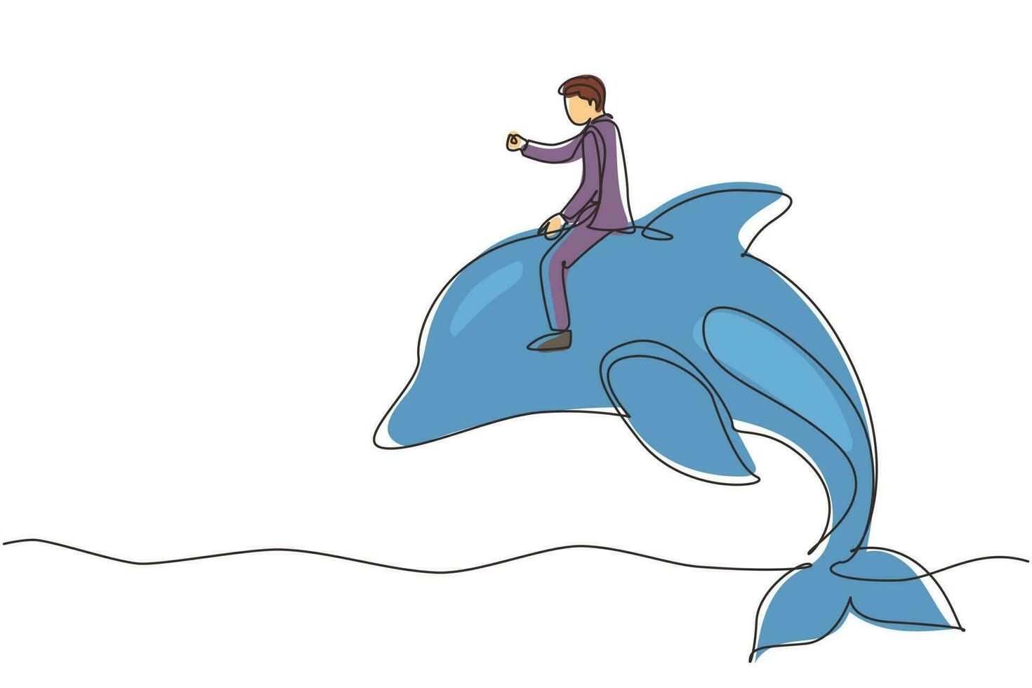 Single one line drawing businessman riding dolphin symbol of success. Business metaphor concept, looking at the goal, achievement, leadership. Continuous line draw design graphic vector illustration