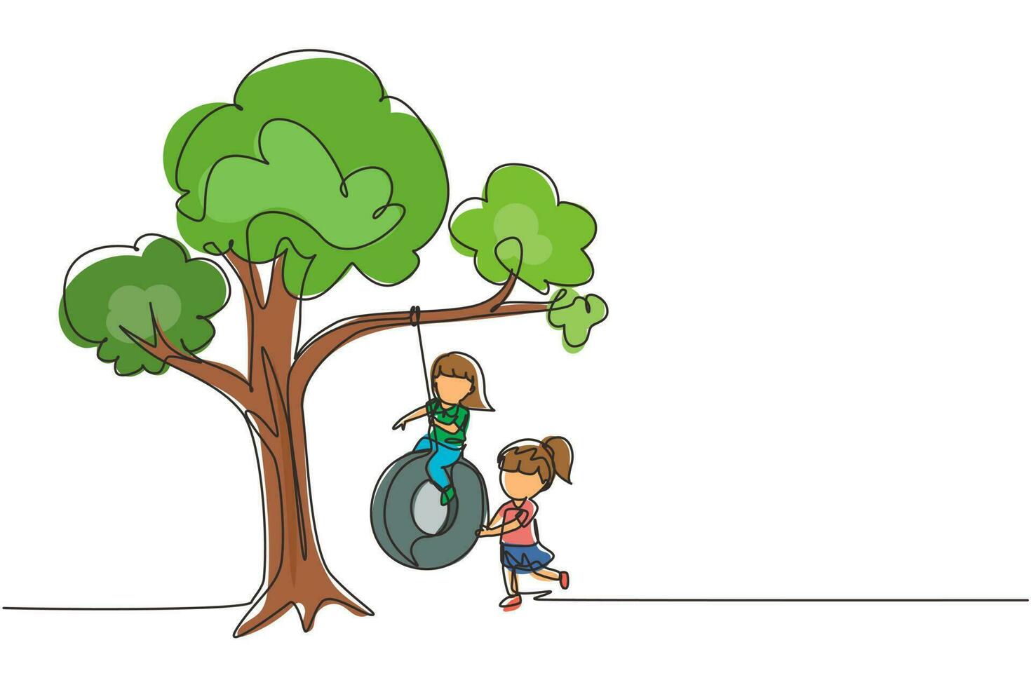 Single one line drawing happy two girls playing tire swing under tree. Cute kids swinging on tire hanging from tree. Children playing in garden. Continuous line draw design graphic vector illustration