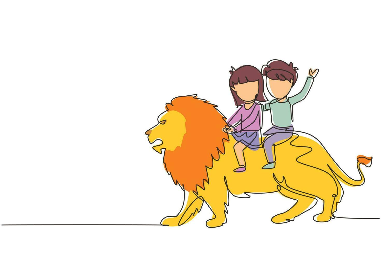 Continuous one line drawing little boy and girl riding lion together. Children sitting on back big lion at circus event. Kids learning to ride beast animal. Single line draw design vector g