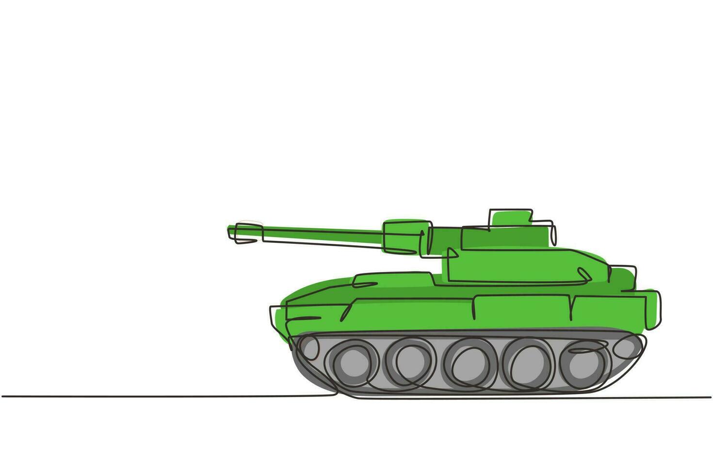 Single one line drawing children's toy battle tank. Green tank, armored combat vehicles. Military transport unit. Kids toys entertainment. Continuous line draw design graphic vector illustration