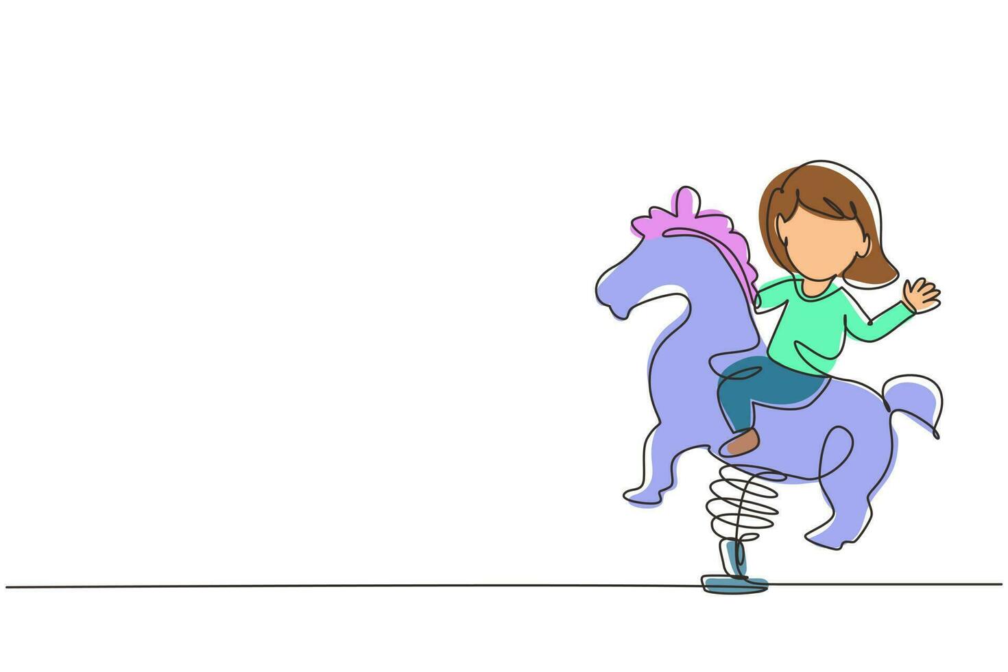 Single one line drawing little girl riding horse ride in park playground. Kids riding toy horse rocking. Happy girl riding horse swinging seesaw. Continuous line design graphic vector illustration