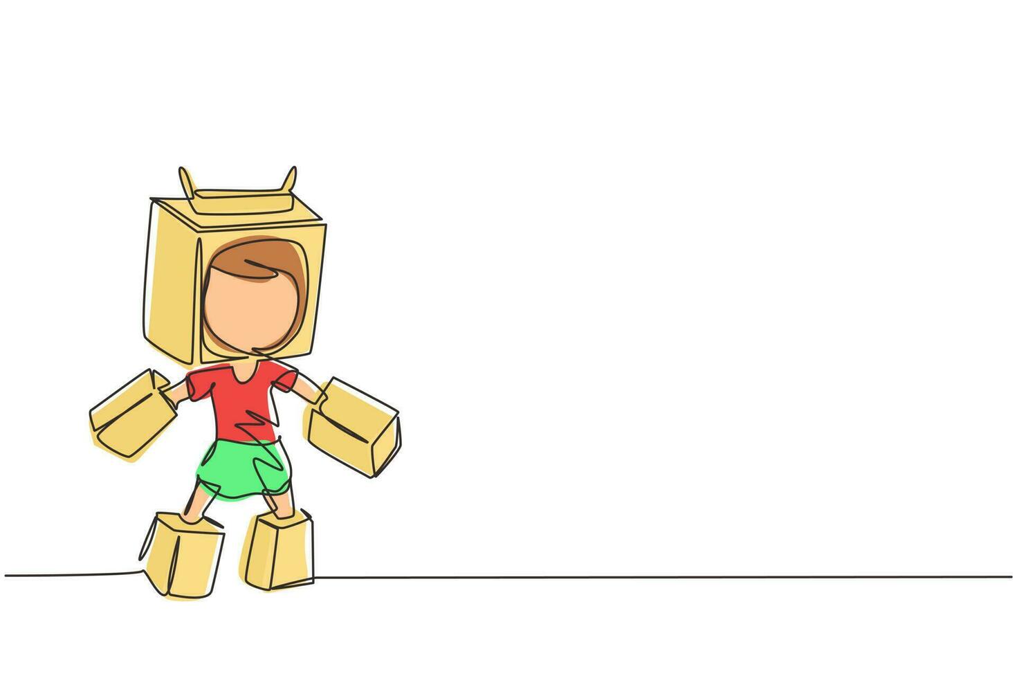 Continuous one line drawing cute girl play cardboard battle robot suit, cosplay female kid entertainment robotic costume. Children creative imagine idea, inventive fantasy. Single line draw design vector
