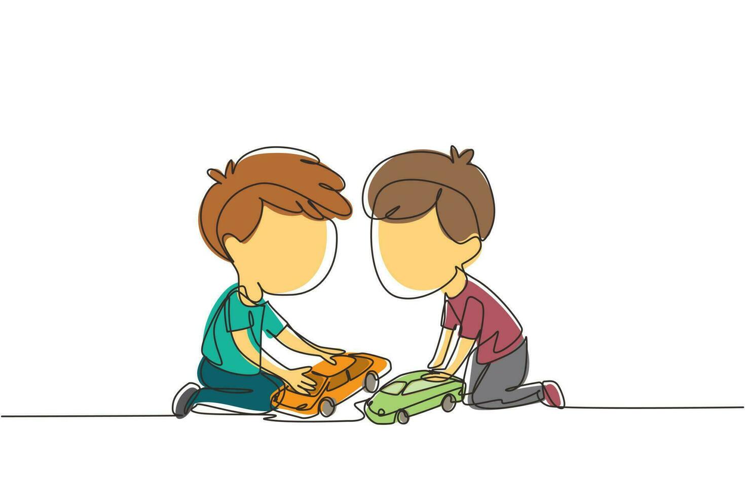 Single one line drawing two cute boys playing with their toys cars. Boy shows his toy cars to his friend. Happy kids playing together. Modern continuous line draw design graphic vector illustration