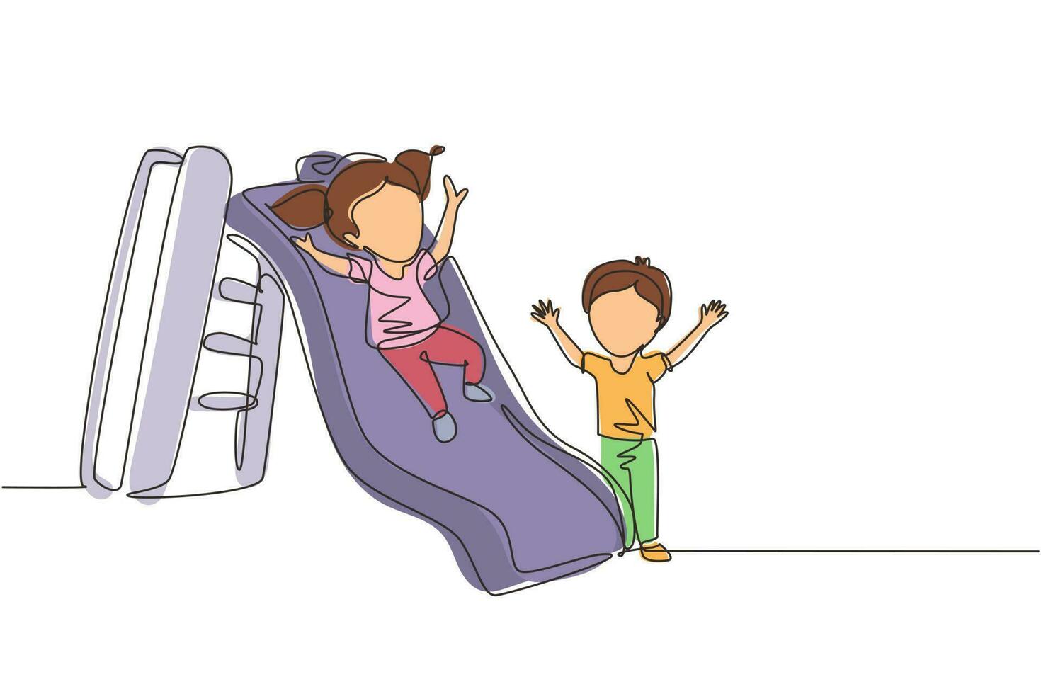 Single one line drawing preschool kids playing together in kindergarten. Little girl sliding down the slide and smiling boy seeing her on side of slide. Continuous line draw design graphic vector