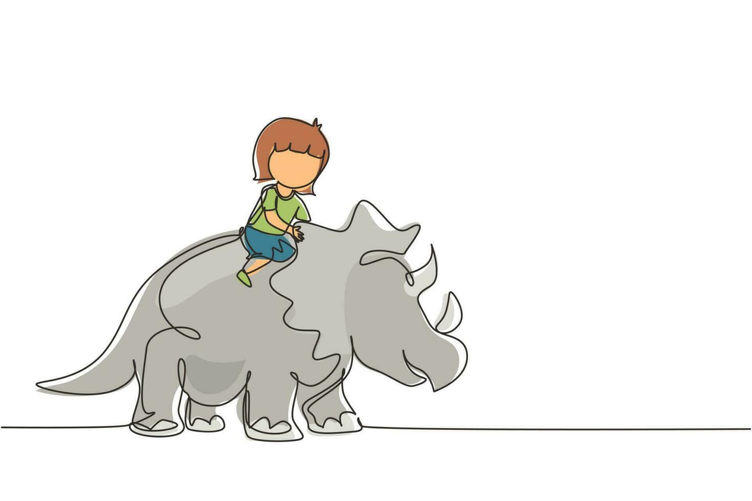 dibujo continuo de una línea niña cavernícola montando triceratops. niño sentado en la parte posterior del dinosaurio. niños de la edad de piedra. vida humana antigua. ilustración gráfica de vector de diseño de dibujo de una sola línea