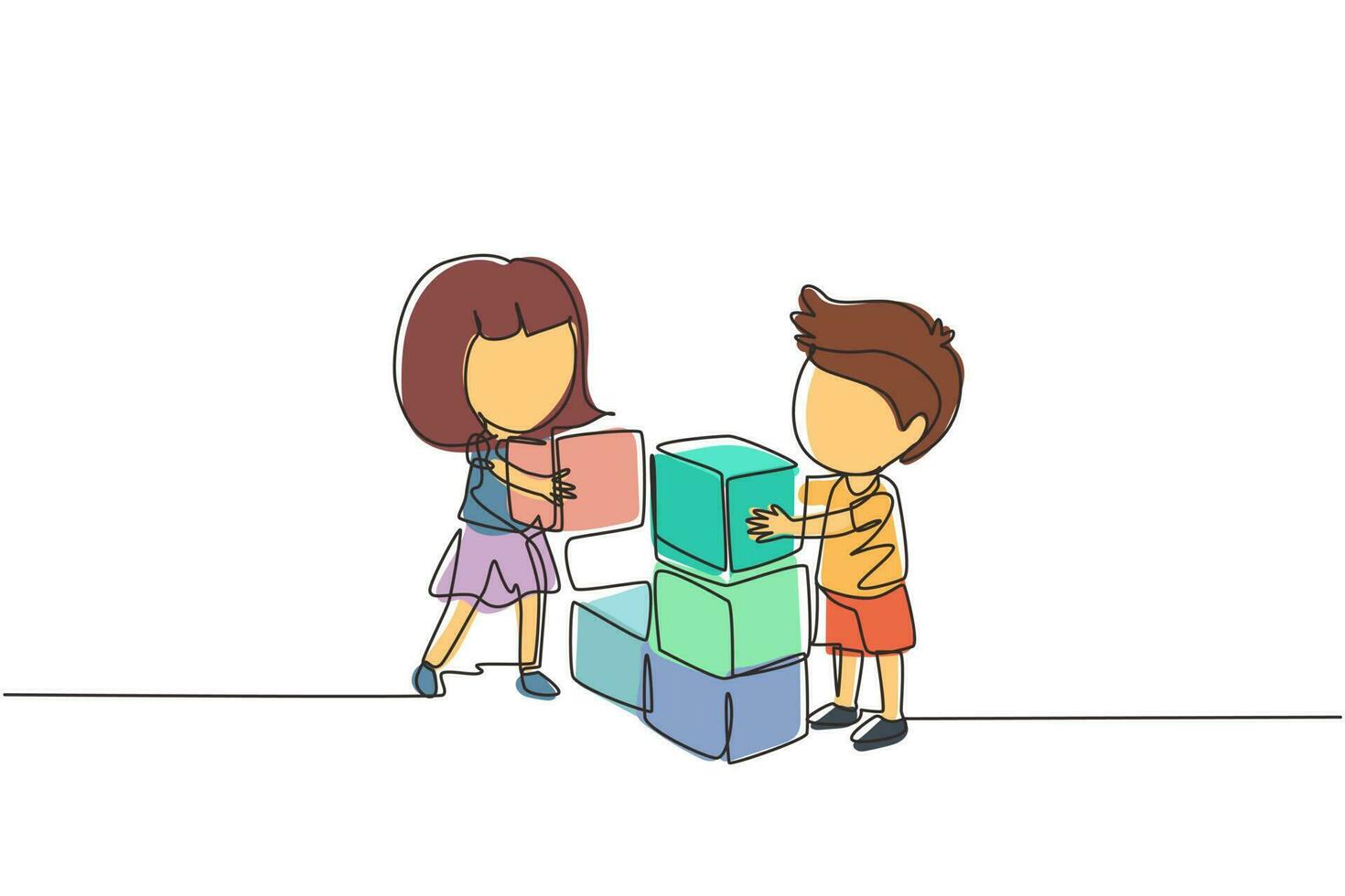 Single one line drawing little boy and girl playing blocks cube toys together. Kids play with toys brick. Educational toys. Children playing block cubes. Continuous line draw design graphic vector