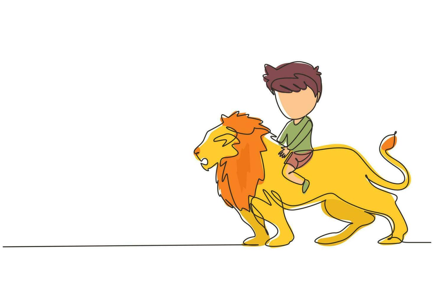 Single continuous line drawing happy little boy riding lion. Child sitting on back big lion at circus event. Kid learning to ride beast animal. Dynamic one line draw graphic design vector illustration