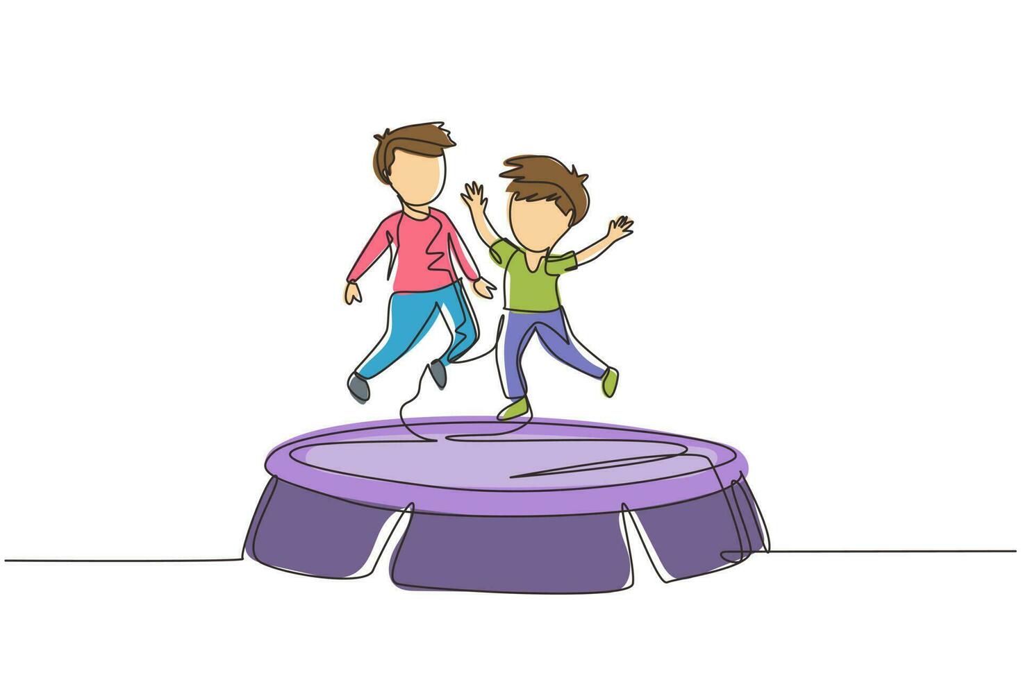 Single one line drawing two smiling boys jumping on trampoline together. Happy kids jumping on round trampoline. Active children outdoors games. Continuous line draw design graphic vector illustration