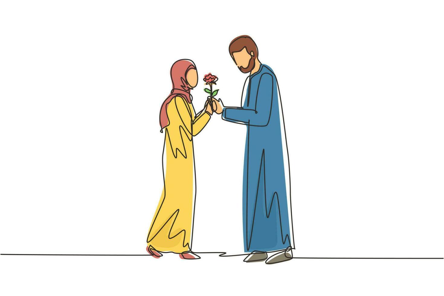 Single continuous line drawing adorable happy Arab couple in love on romantic date. Cute smiling boy giving rose flower to girl. Young man and woman met for dating. One line draw graphic design vector