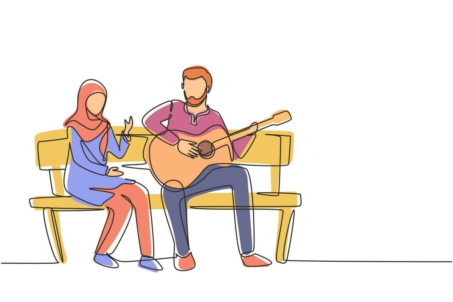 Single continuous line drawing Arabian people sitting on wooden bench in park. Couple on date, man playing music on guitar, girl listen and singing together. One line draw graphic vector illustration