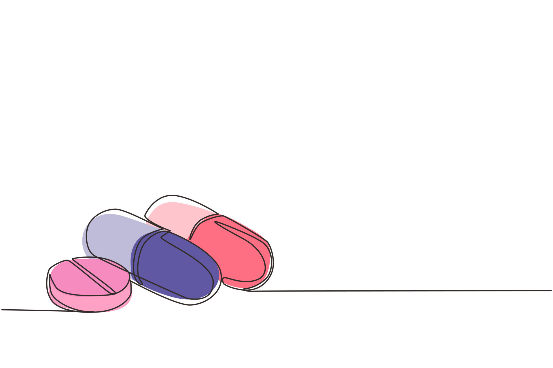 Single one line drawing set of pills and capsules isometric icon