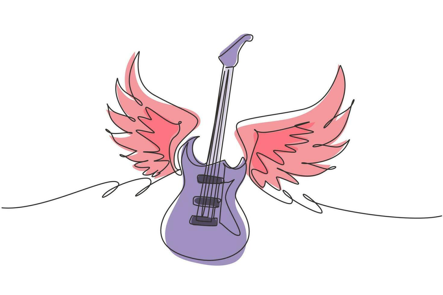 Single one line drawing electric guitar with wings. Vintage label, illustration, logotype. Rock sign, gesture for music festival logo. Modern continuous line draw design graphic vector illustration
