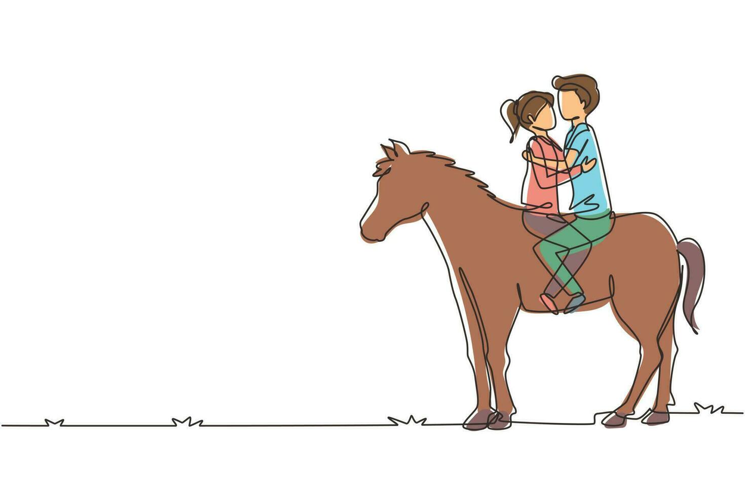 Single one line drawing romantic couple in love riding horse. Happy couple getting ready for wedding. Engagement and love relation. Modern continuous line draw design graphic vector illustration