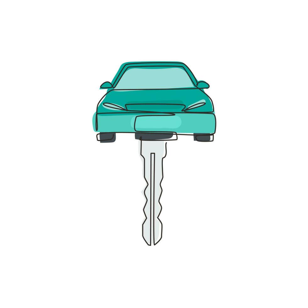 Single one line drawing car shaped car key. Keyring and remote control key in vehicle interior. Electronic car key with little car shape keyring. Modern continuous line draw design graphic vector