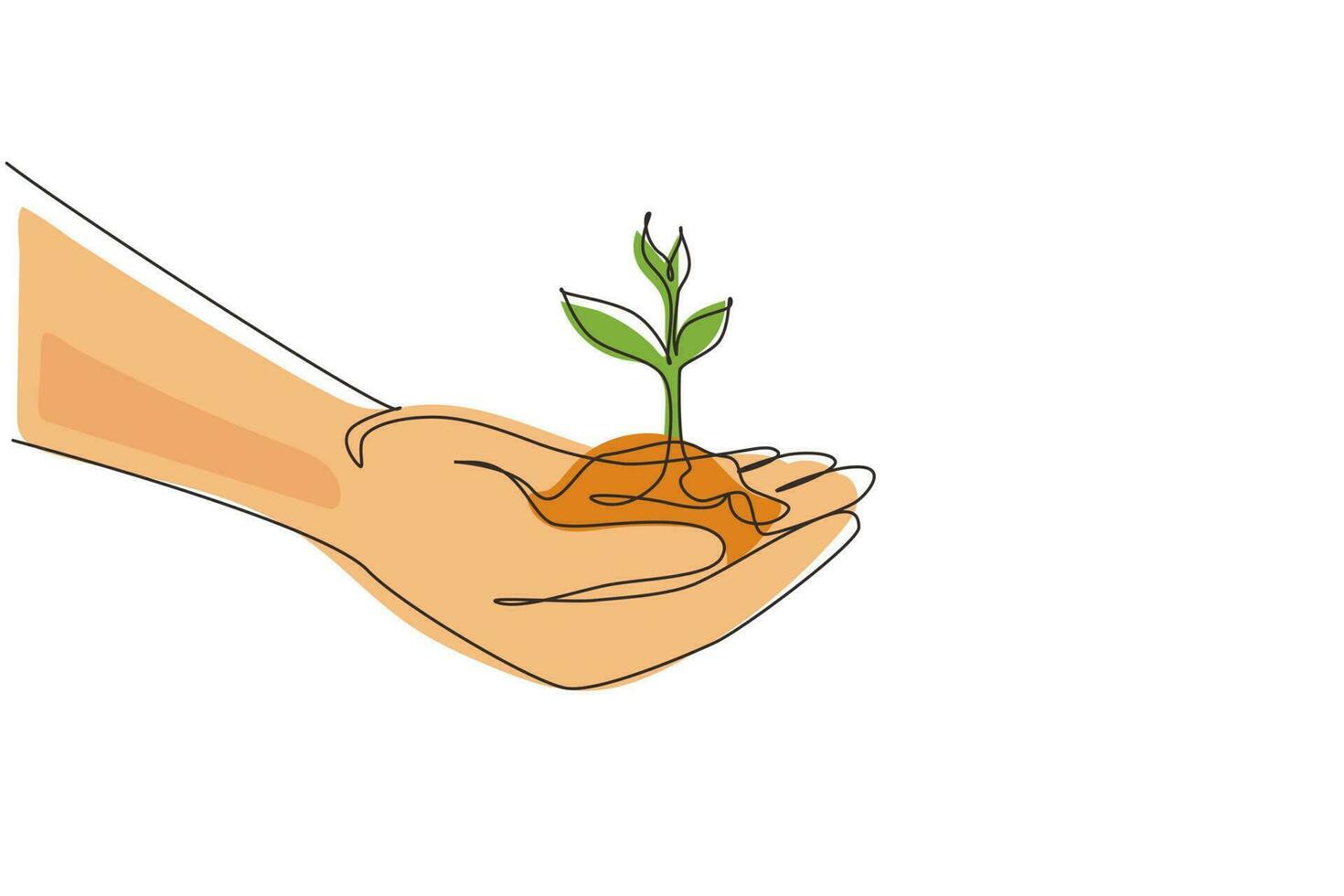 Continuous one line drawing close up image of human hands holding sprout. Hand holding tree on nature field grass forest conservation concept. Single line draw design vector graphic illustration