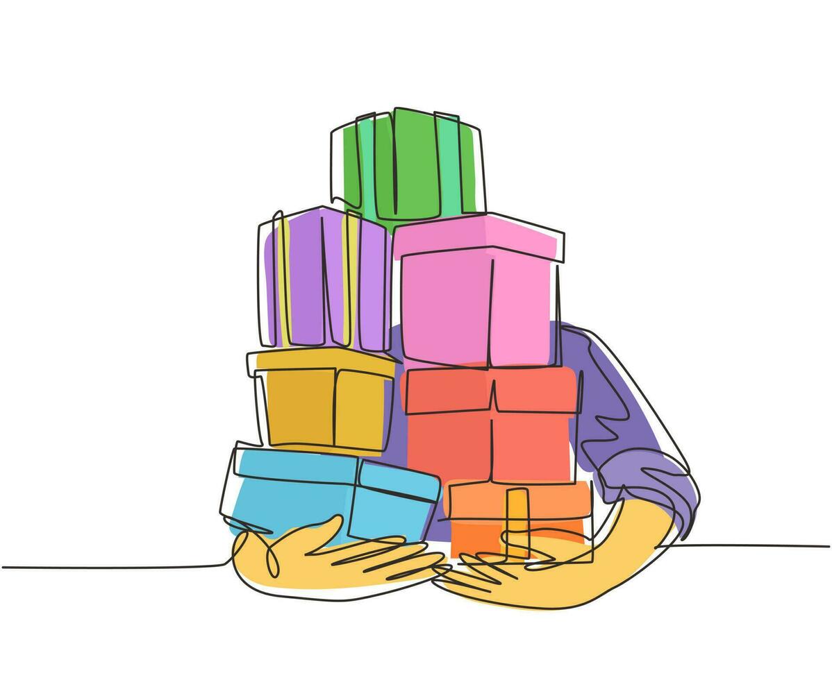 Single one line drawing festive man holding pile of gifts box. Man holding huge stack New Year presents. Millennial male carrying pile of wrapped gifts box. Continuous line draw design graphic vector
