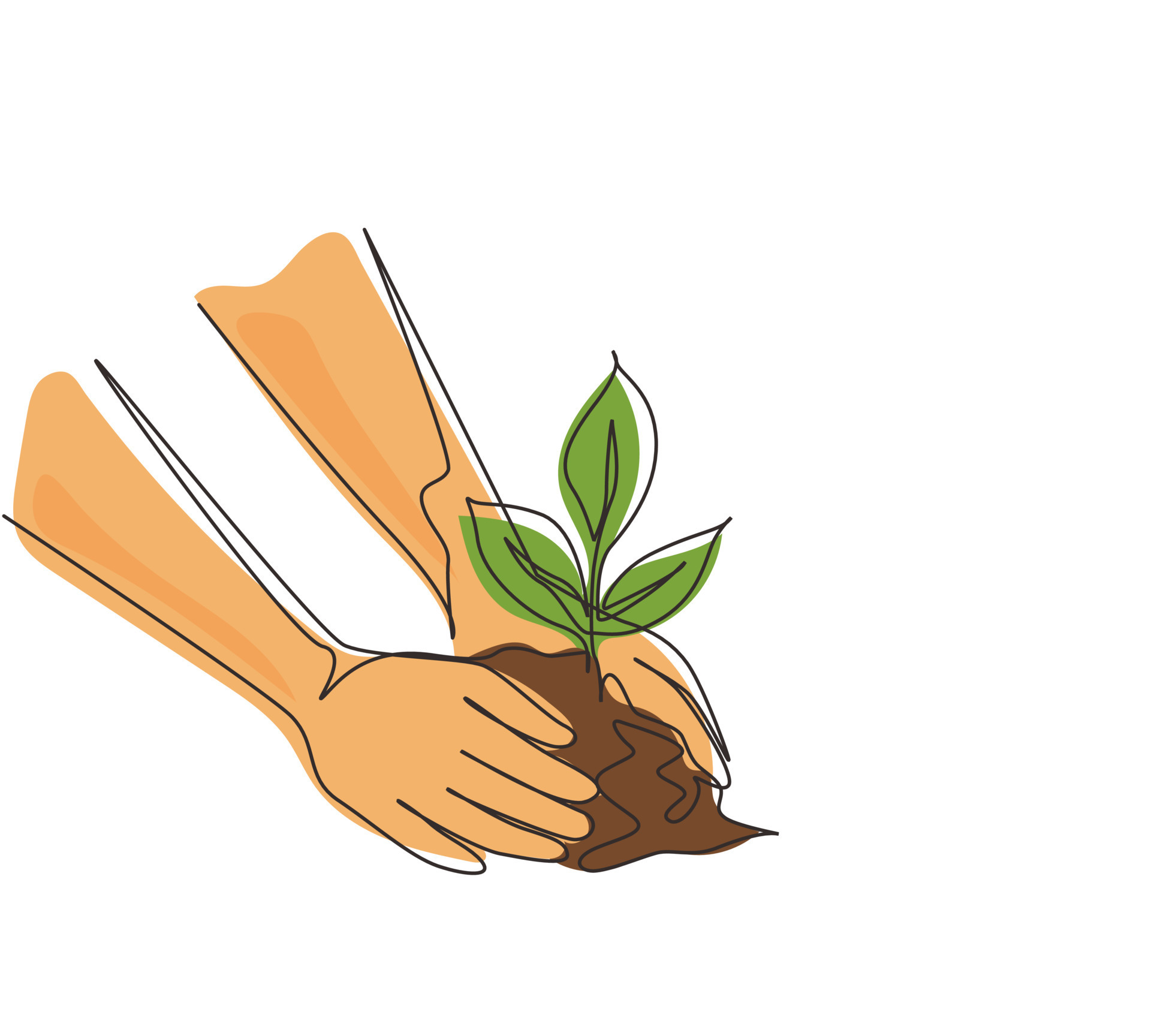 Single one line drawing planting young tree by kid hand on back soil as