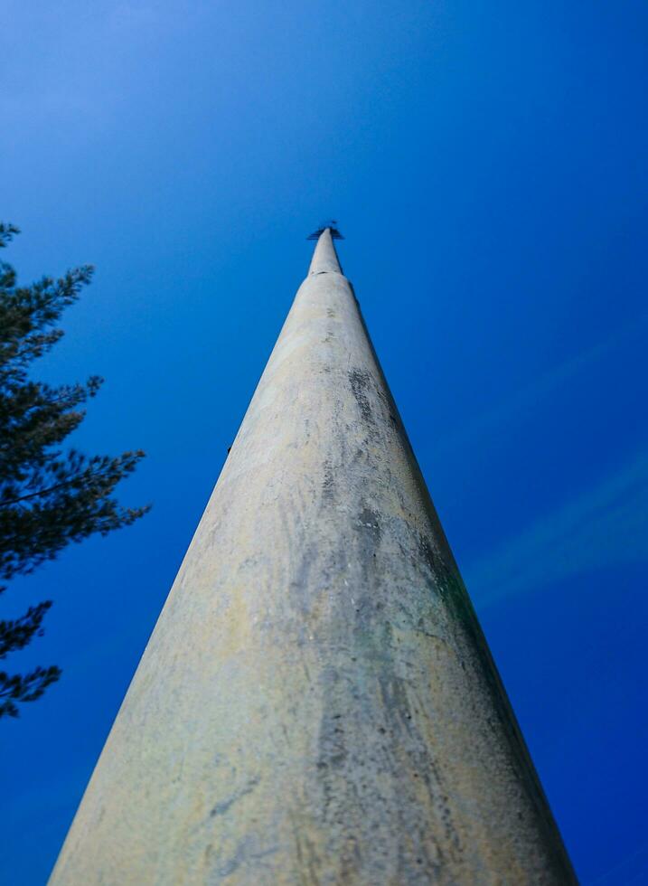 a towering electric pole against a clear blue sky photo