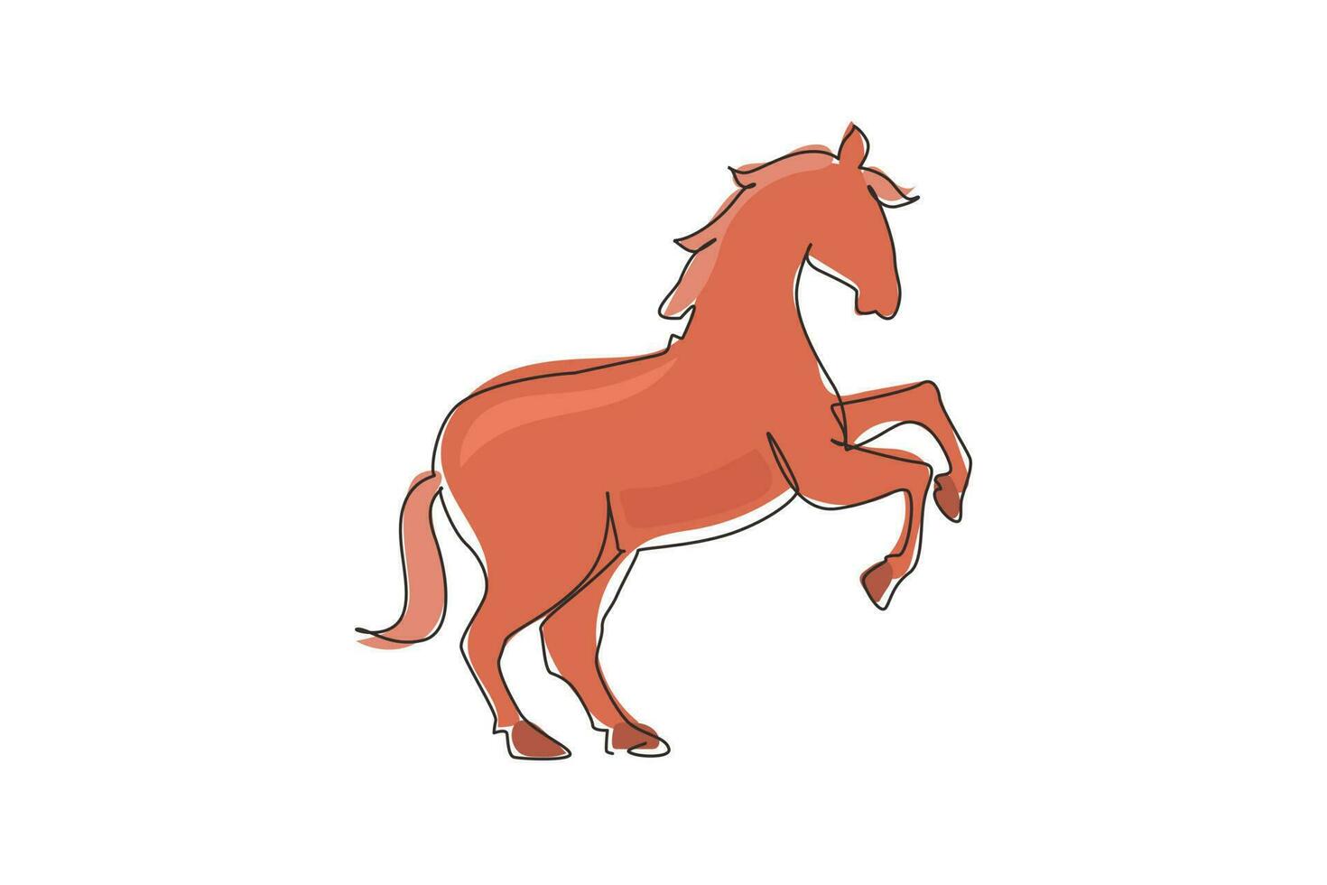 Single continuous line drawing proud white horse walks gracefully with its front hoof forward. Wild mustang gallops in free nature. Strong animal mascot. One line graphic design vector illustration
