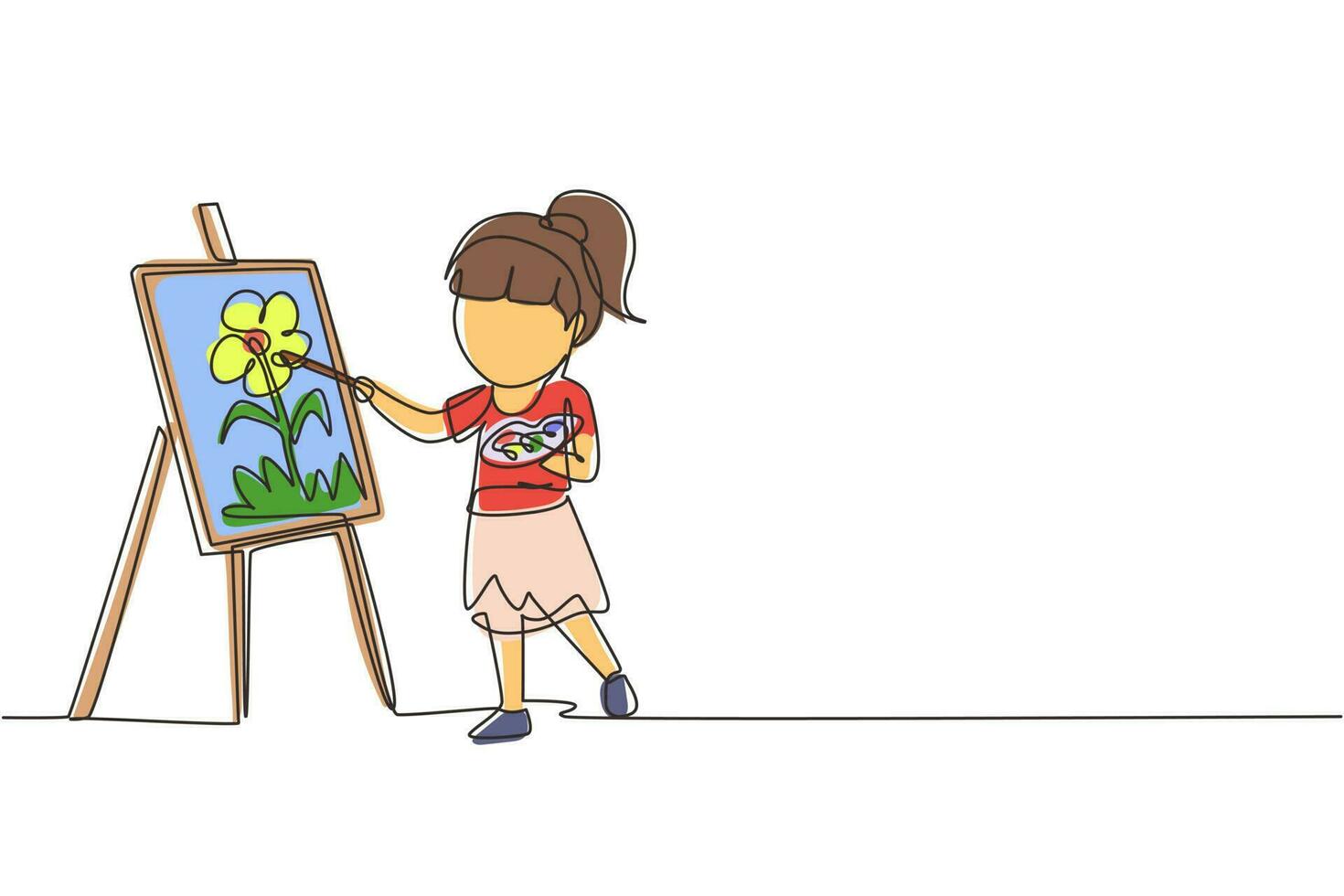 dibujo de una sola línea feliz lindo niño niña dibujar sobre lienzo. niño feliz pintando en caballete. niña sonriente con pincel y pinturas. ilustración de vector gráfico de diseño de dibujo de línea continua moderna