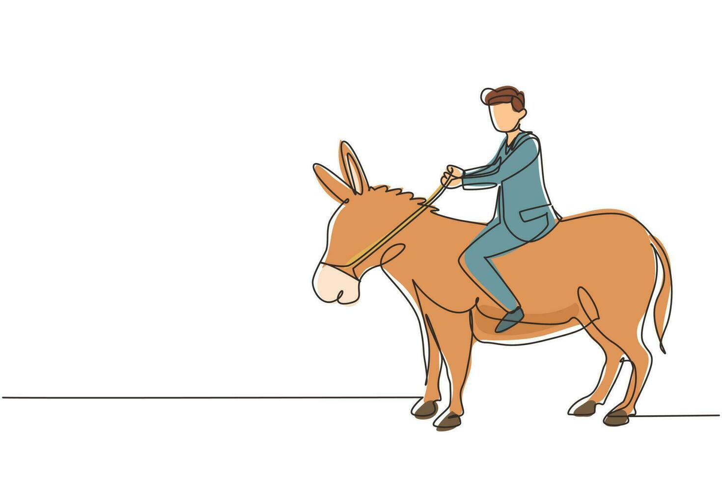 Single one line drawing businessman riding a donkey. Business man rides donkey. Driving donkey. Goal achievement concept. Business competition. Continuous line draw design graphic vector illustration