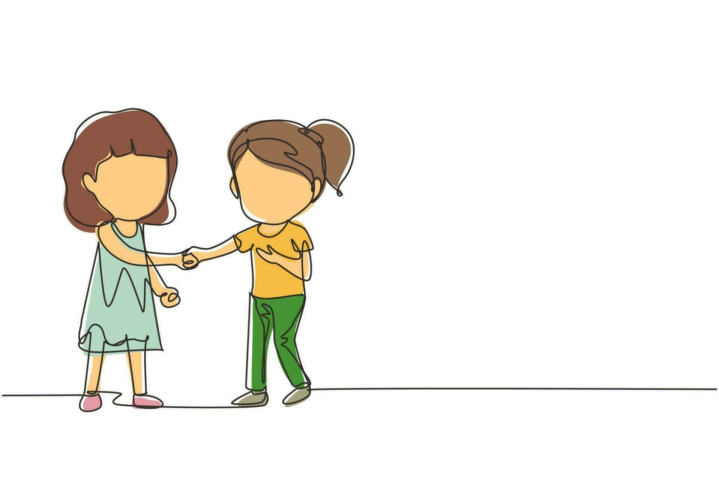 Single one line drawing girls standing and shaking hands making friendship. Children introduce themselves. Girls touching each other's hand. Continuous line draw design graphic vector illustration