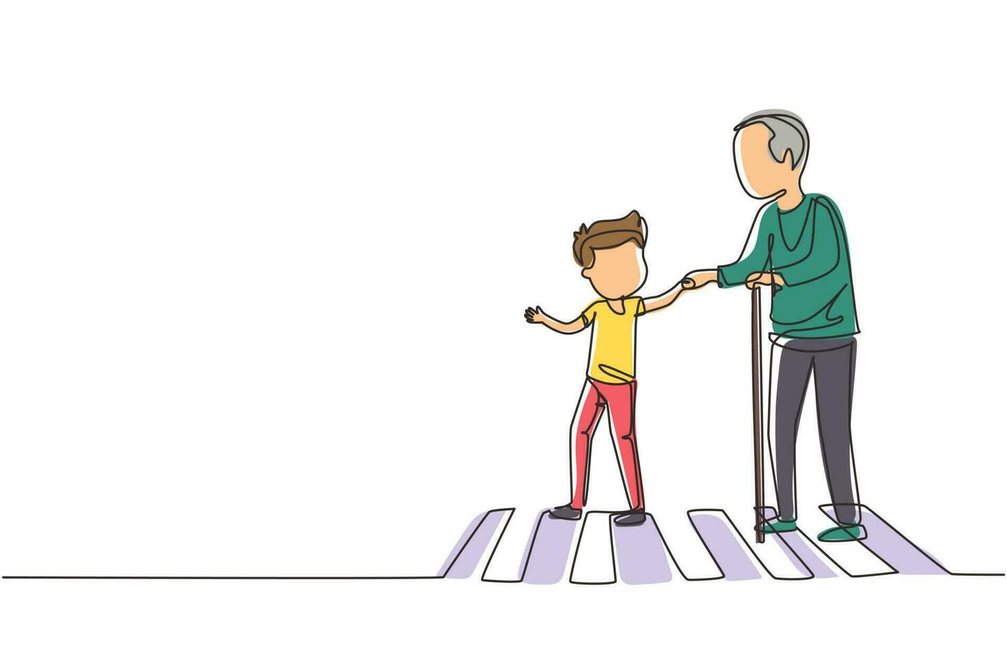un solo dibujo de línea continua niño feliz ayuda al abuelo a cruzar la calle. niño amable y cortés que lleva al anciano al otro lado de la carretera, tomándolo de la mano. modales y respeto. ilustración de vector de diseño gráfico de una línea