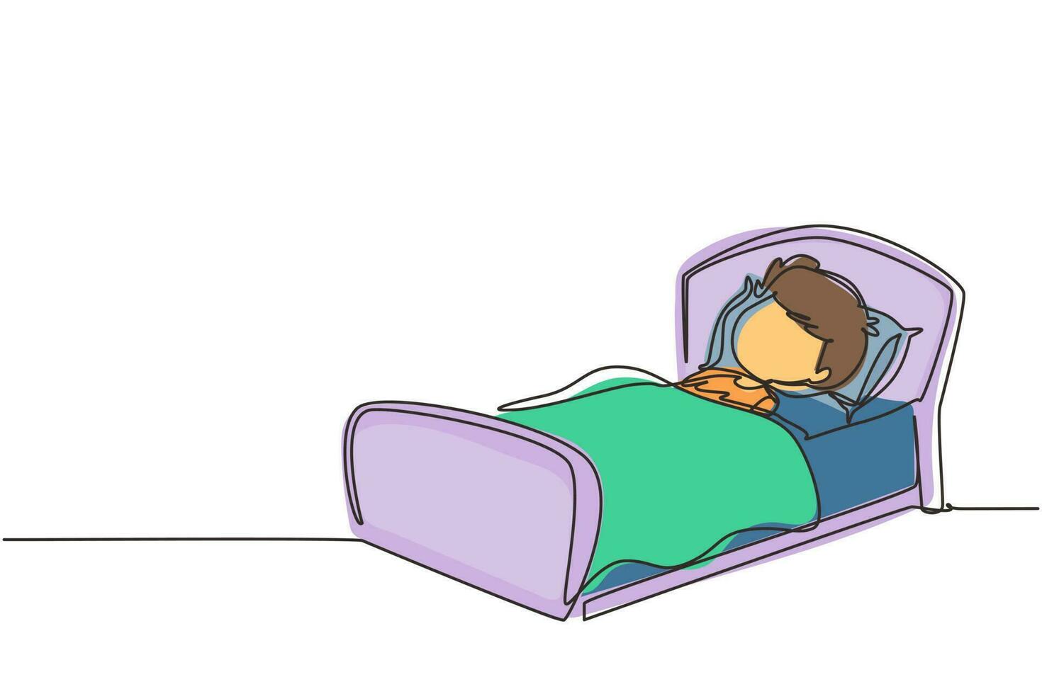 Single one line drawing cute boy sleeping on tonight dreams, good night and sweet dreams. Happy little child sleep in bed room. Kid sleeping. Continuous line draw design graphic vector illustration