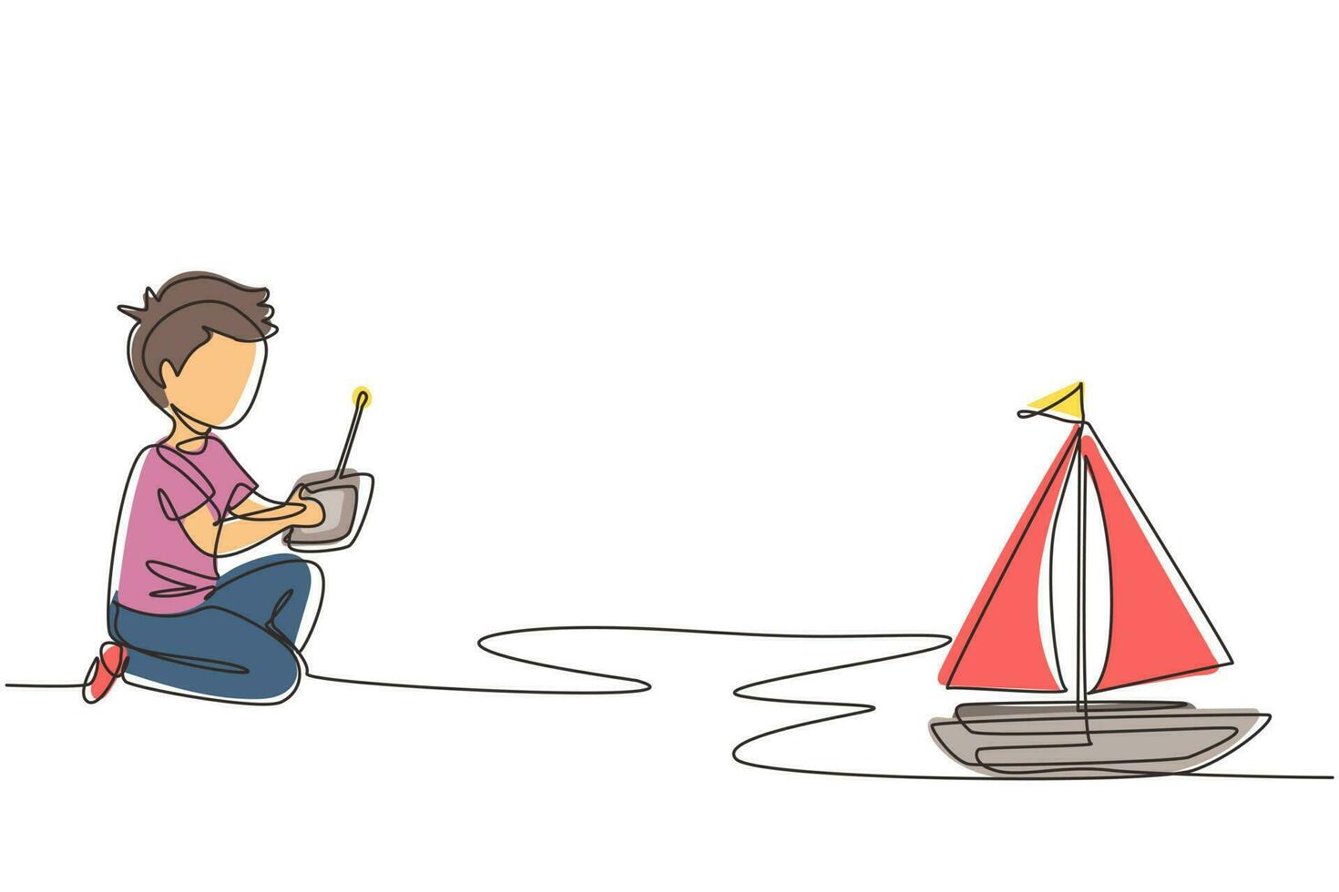 Single continuous line drawing boy playing with remote-controlled sailboat toy. Kids playing with electronic sailboat toy with remote control in hands. One line draw graphic design vector illustration
