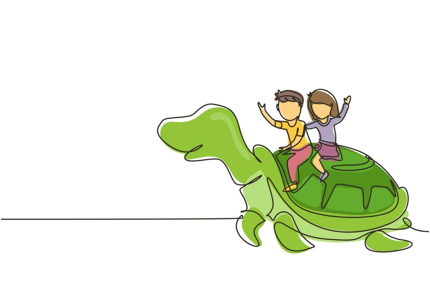 Continuous one line drawing little boy and girl riding sea turtle together. Children sitting on back tortoise with fins diving in beach. Kids learning to ride turtle. Single line draw design vector