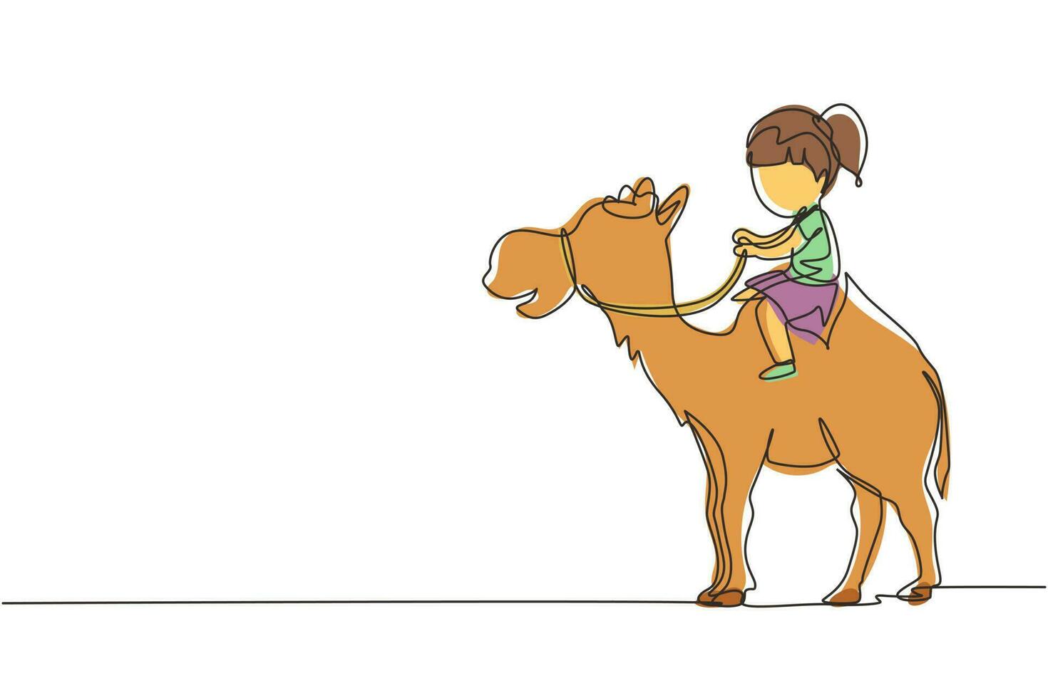 Single continuous line drawing happy little girl riding camel. Child sitting on hump camel with saddle in desert. Kids learning to ride camel. Dynamic one line draw graphic design vector illustration