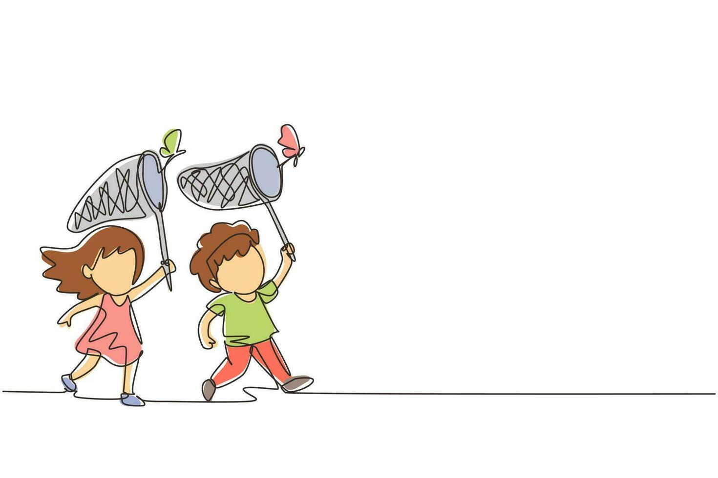 Continuous one line drawing cute little boys and girls catches butterfly. Happy child runs at garden together. Happy kids catching bugs in field. Single line draw design vector graphic illustration