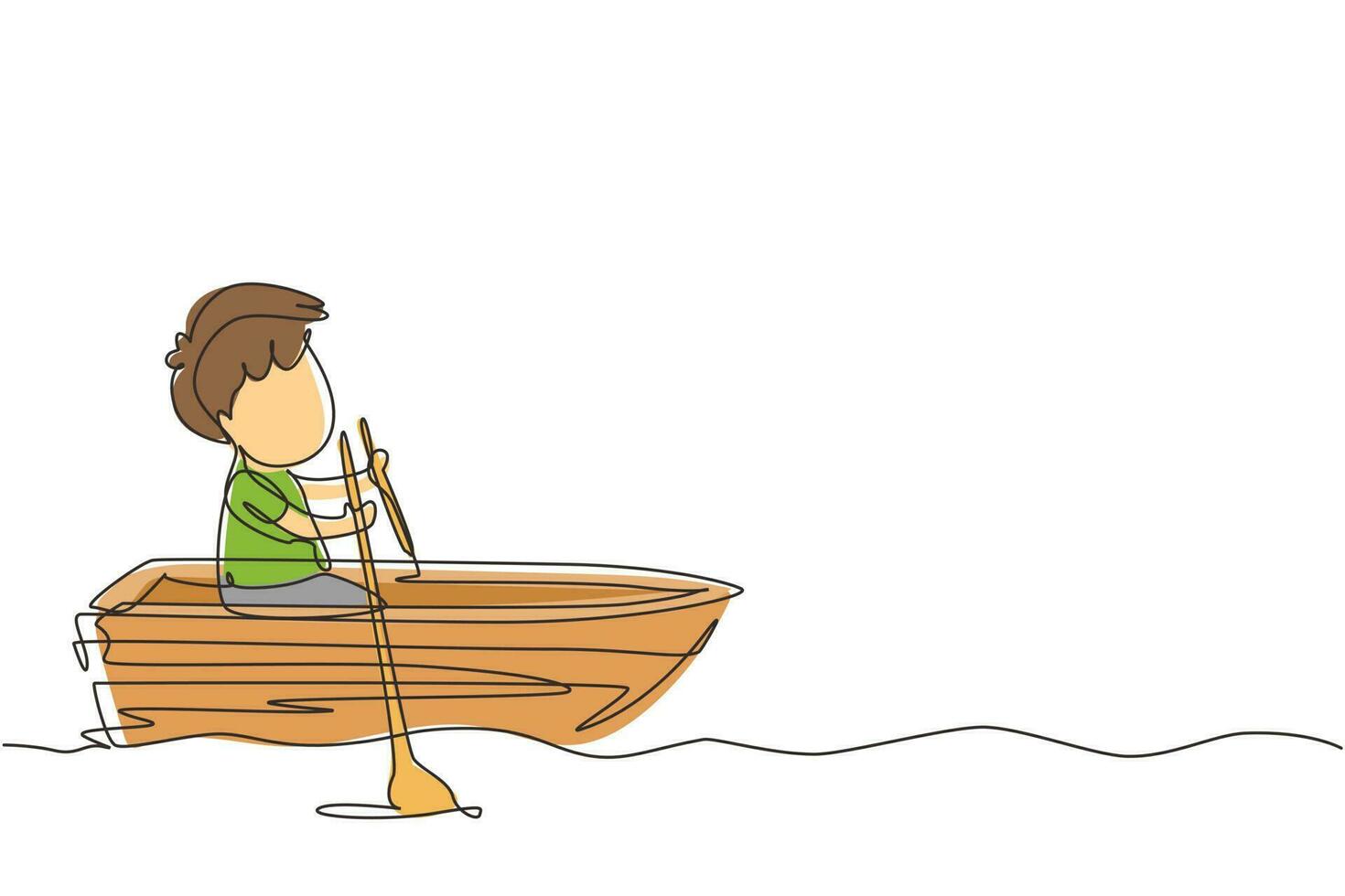 Single continuous line drawing cute little boy riding on boat at river. Kids riding on wooden boat. Kids rowing boat on lake. Happy children paddle boat. Dynamic one line draw graphic design vector