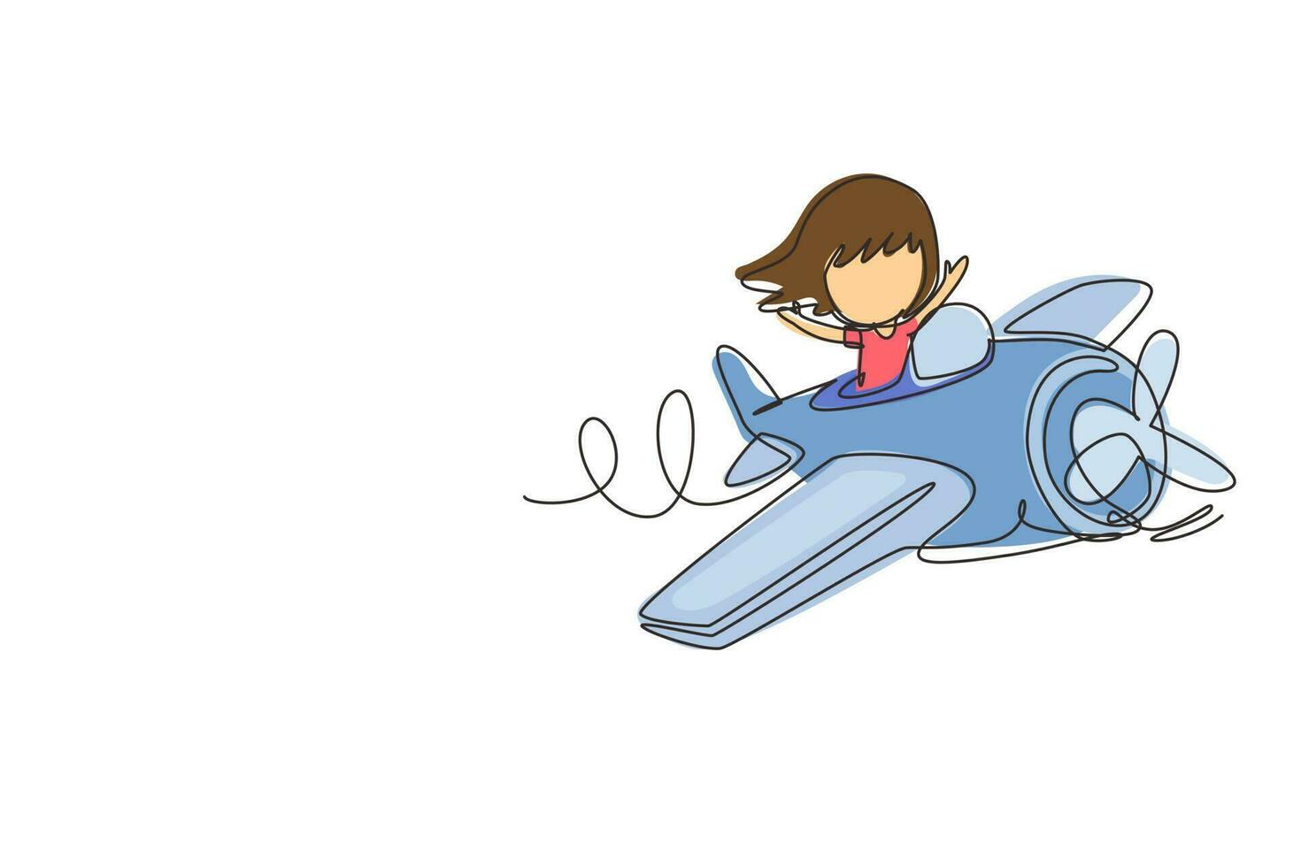 Single one line drawing little girl operating plane. Kids flying in airplane. Happy smiling kid flying plane like real pilot and dreaming of piloting profession. Continuous line draw design graphic vector