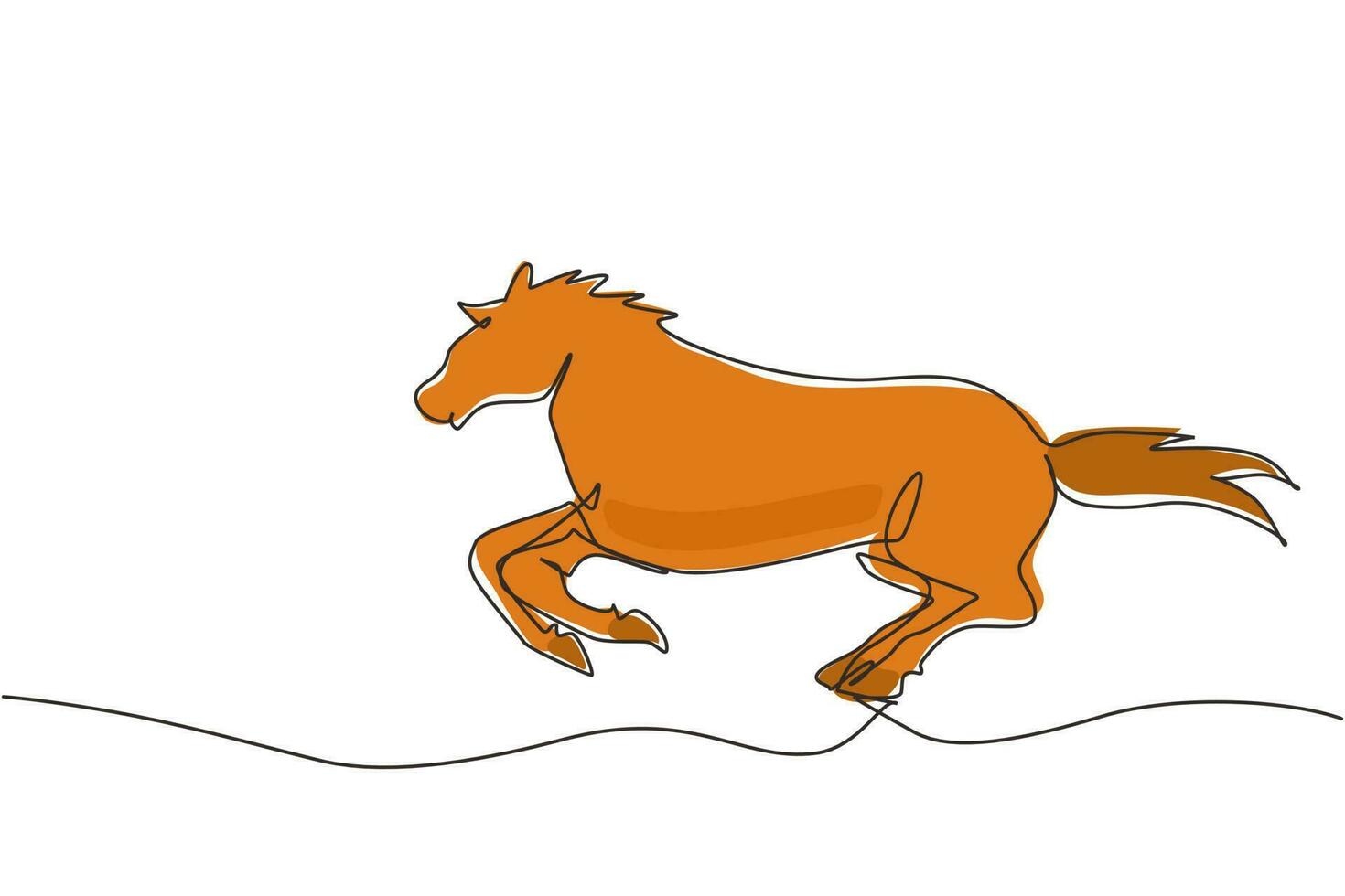 caballo de carrera de dibujo de una sola línea con melena larga. el semental agacha la cabeza y galopa con las patas estiradas. silueta negra vectorial para productos ecuestres. gráfico de diseño de dibujo de línea continua vector