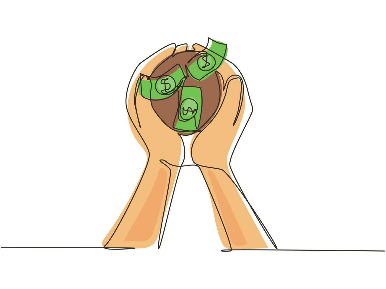 una sola línea continua dibujando dos manos que llevan una bolsa de plántulas de dinero para macetas que se plantarán en el suelo. concepto de dinero, ahorro e inversión o planificación familiar. vector de diseño gráfico de dibujo de una línea