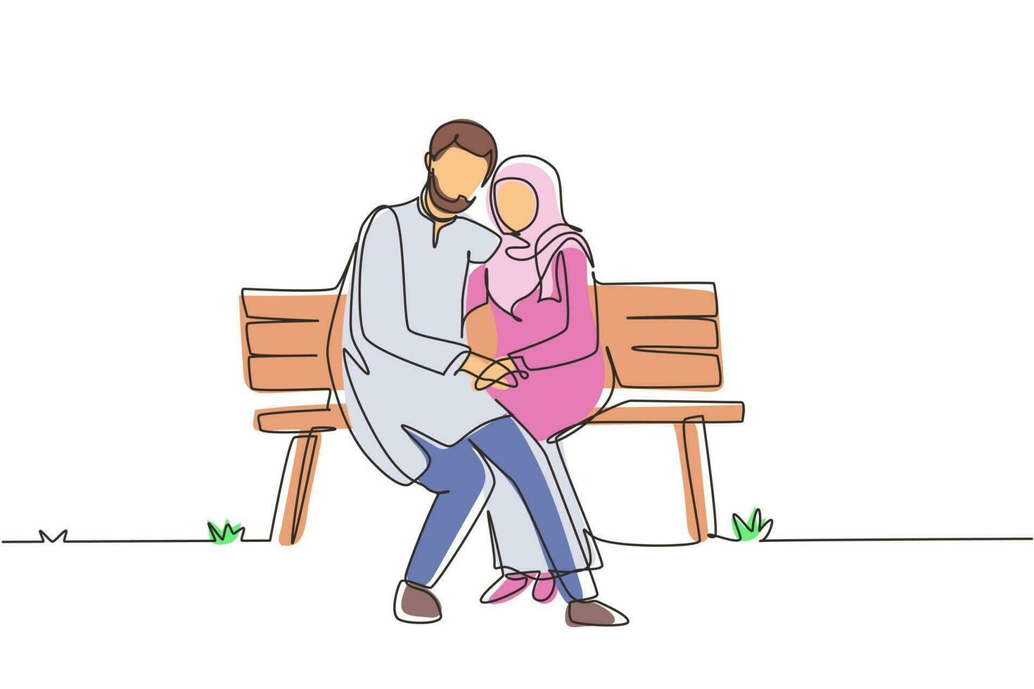 dibujo de una sola línea continua pareja árabe romántica. mujer hombre sentado en un banco en el parque de la ciudad. concepto de familia feliz. intimidad celebra aniversario de boda. vector de diseño gráfico de dibujo dinámico de una línea