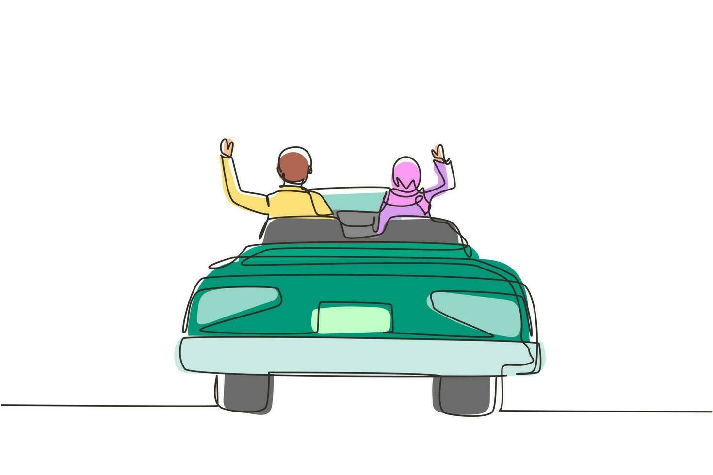 dibujo de línea continua única vista posterior árabe feliz pareja libre conduciendo en camión cabriolet en la ciudad animando alegre con los brazos levantados. pareja de viajes de vacaciones de verano. vector de diseño gráfico de dibujo de una línea